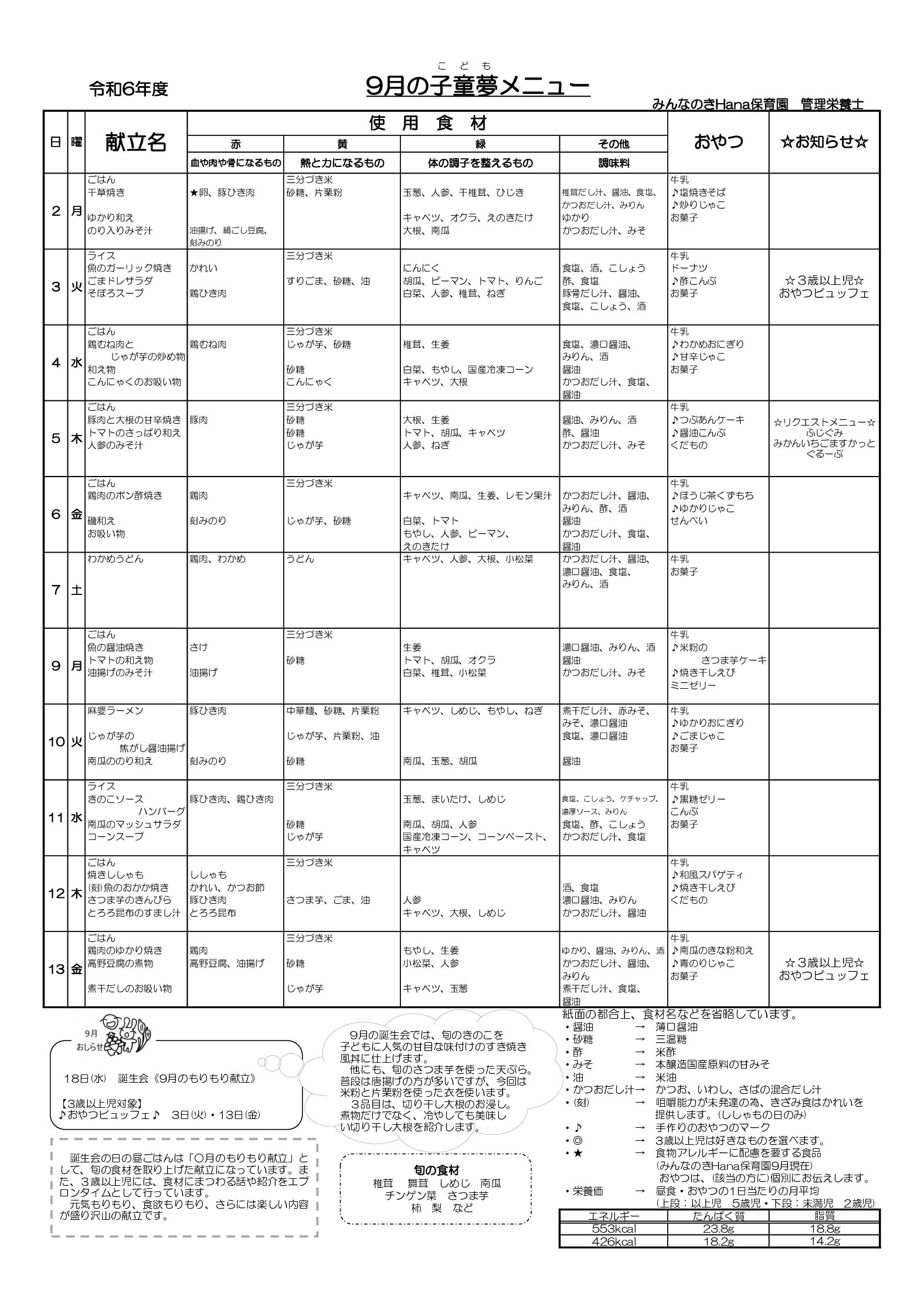 2024年度　9月献立表